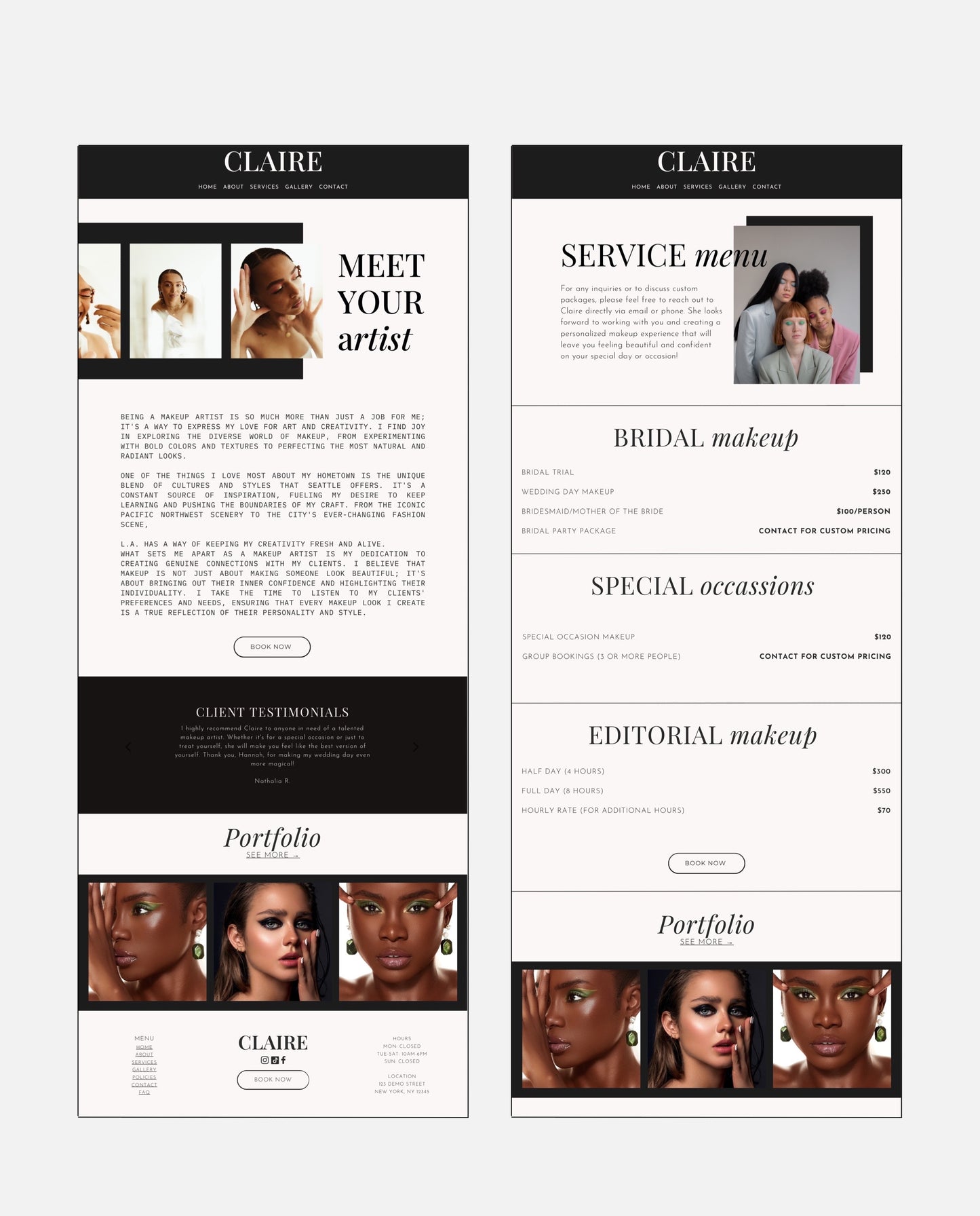 CLAIRE | MODERN & NEUTRAL WEBSITE TEMPLATE FOR MAKEUP ARTISTS